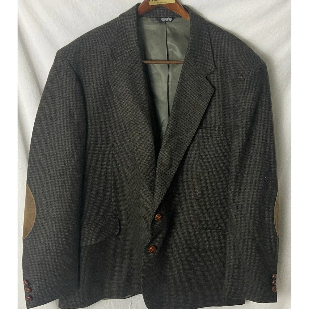 Vintage Oakmont Mens Blazer 46R Brown Black Wool Micro-Check Elbow‎ Patches USA